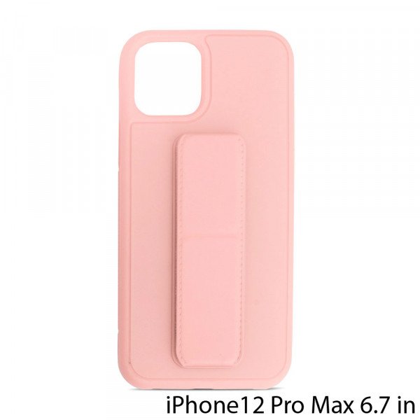 Wholesale PU Leather Hand Grip Kickstand Case with Metal Plate for iPhone 12 Pro Max 6.7 inch (Pink)